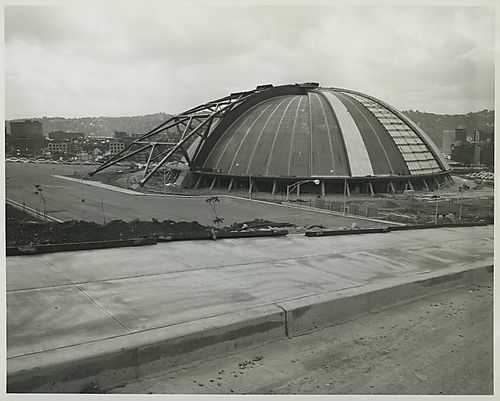 Figure 2. View of the Civic Arena from Bedford Avenue (3). This image is the view of construction on the Civic Arena that those still dwelling in the Hill District had. (View of the Civic Arena from Bedford Avenue (3), William V. Winans Jr. Photographs, 1960)