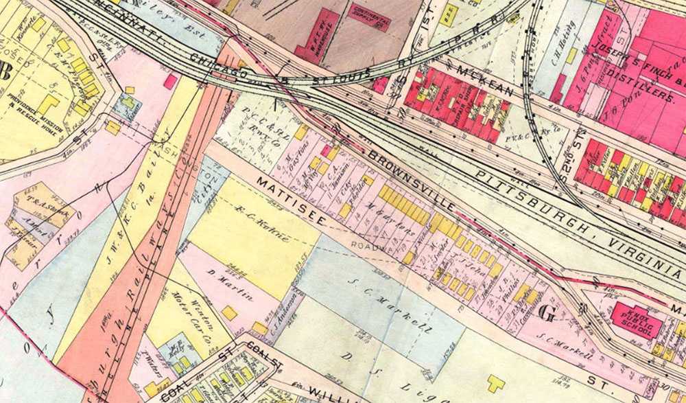 Historic map of Pittsburgh showing the proposed path of the Mount Washington Roadway over Mattisee Street. Credit: Atlas of Greater Pittsburgh, 1923, G. M. Hopkins & Co., Historic Pittsburgh Site.