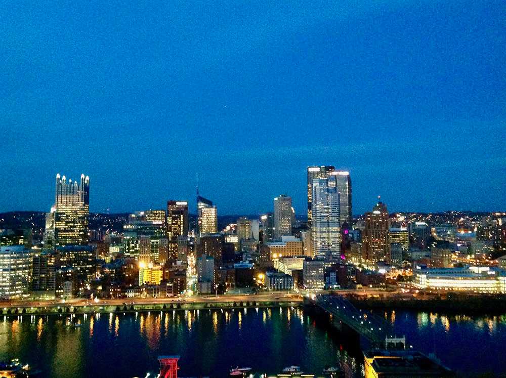 View from Mt. Washington featuring the Pittsburgh skyline at dusk. Taken from the Grandview Overlook next to the Monongahela Incline. Photo by Joseph Pileggi.